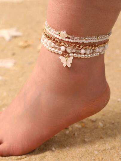 5pcs/6pcs Girls Butterfly & Heart Shaped Polymer Clay, Pearl, Rice Bead Anklet Set