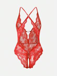 Open Front Floral Heart Print Teddy Lingerie, Sexy Deep V Backless Hollow Out Jumpsuit For Women - 紅色 - 查看 9