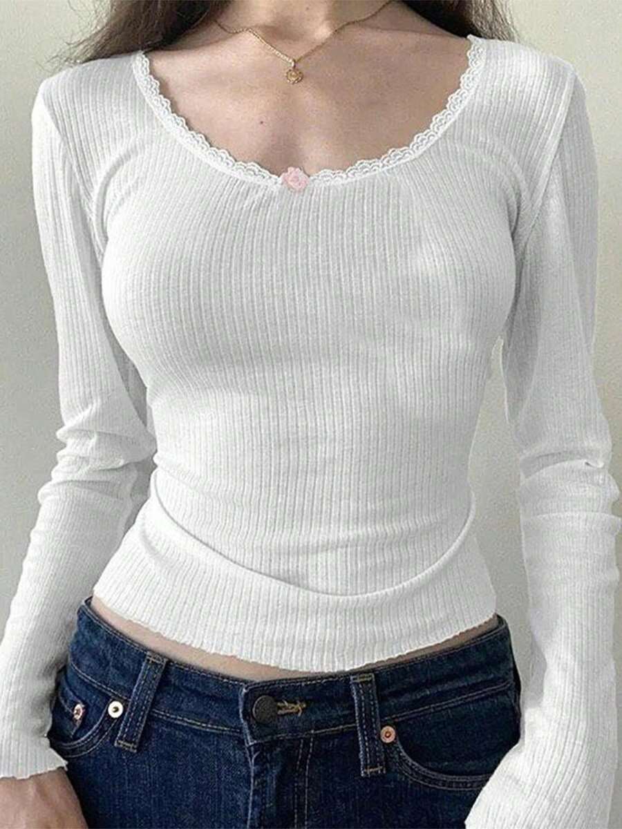 Women Y2k Vintage T Shirt Top Fairy Lace Trim Floral Decor Scoop Neck Long Sleeve Shirts Teens Girls Slim Fit Going Out Tees Tops Aesthetic Clothes 90s Streetwear - 白色 - 查看 1