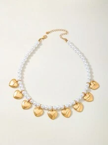 1 Classic Faux Pearl Necklace Paired With Heart-Shaped Pendant Necklace Suitable For Daily Dating And Gift Giving