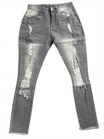 Women Stretch Ripped Cropped Jeans High Waist Distressed Casual Denim Pants Skinny Jeans Streetwear