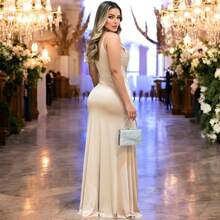 Long Party Dress With Lined Cups, Elasticity, Straps In Shiny Rhinestones, Cut-Out, Front Slit, Fluid Mesh, Fluid And Elegant Fit, One Size Fits 36 To 42 - Beige - View 2