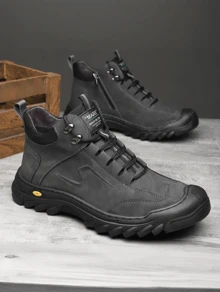 [Fast Arrival] Men's Outdoor Hiking Boots, Casual Mid Top Lace Up Shoes, Hiking Shoes For Men, Wear-Resistant And Non Slip Rubber Sole, Synthetic Faux Leather Outer Layer And Inner Lining, Suitable For Daily Wear All Year Round - Xám - Xem 2