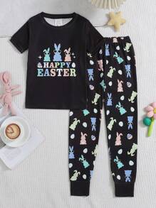Set de 2 piezas de pijama de ajuste ceñido para niño preadolescente, conjunto informal de camiseta de manga corta con estampado divertido de conejo con gafas de sol y pantalón largo - Negro - Ver 1