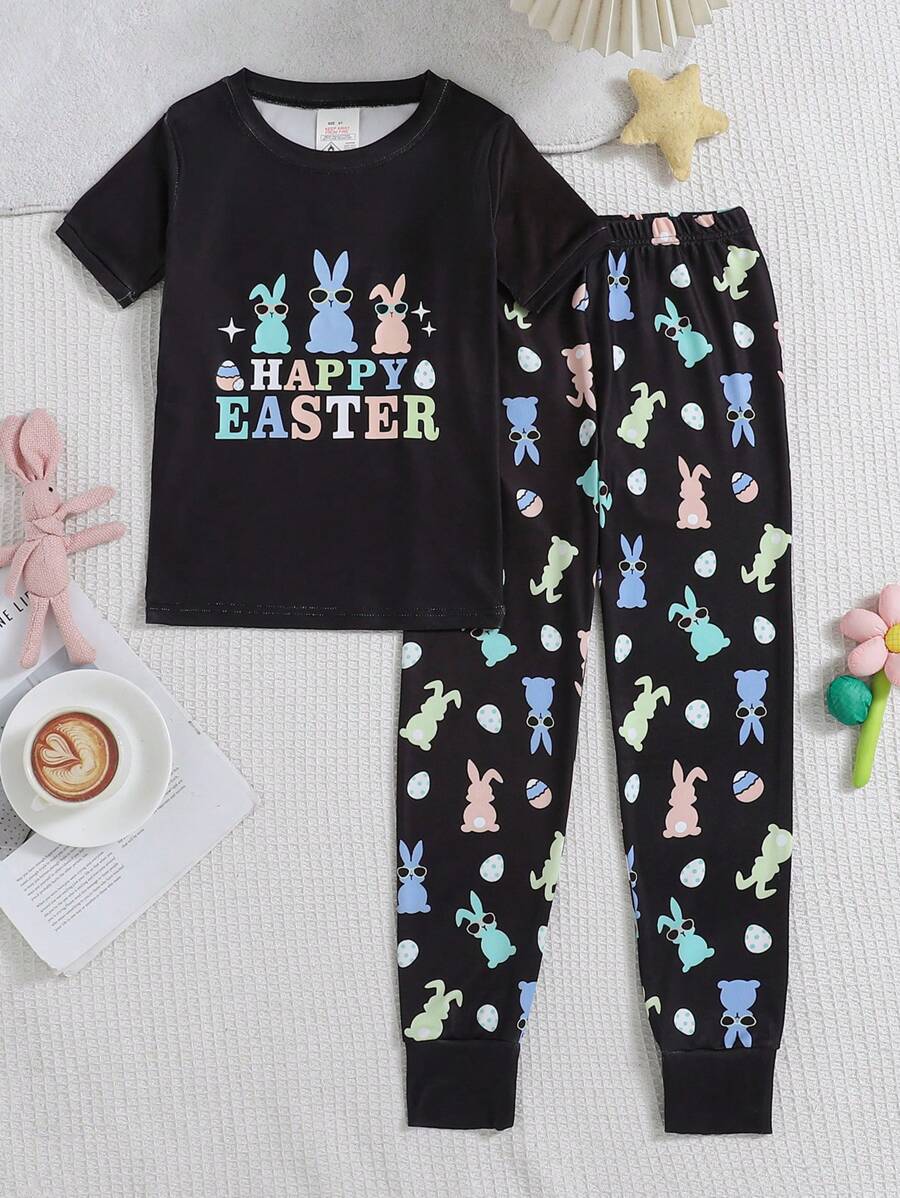Set de 2 piezas de pijama de ajuste ceñido para niño preadolescente, conjunto informal de camiseta de manga corta con estampado divertido de conejo con gafas de sol y pantalón largo - Negro - Ver 1