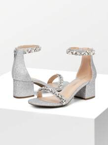 Women Chunky Low Heel Pump Sandals  Rhinestone Decor Ankle Strap Open Toe Heeled Sandals, For Daily Wearing Prom Party Wedding - Silver - View 2