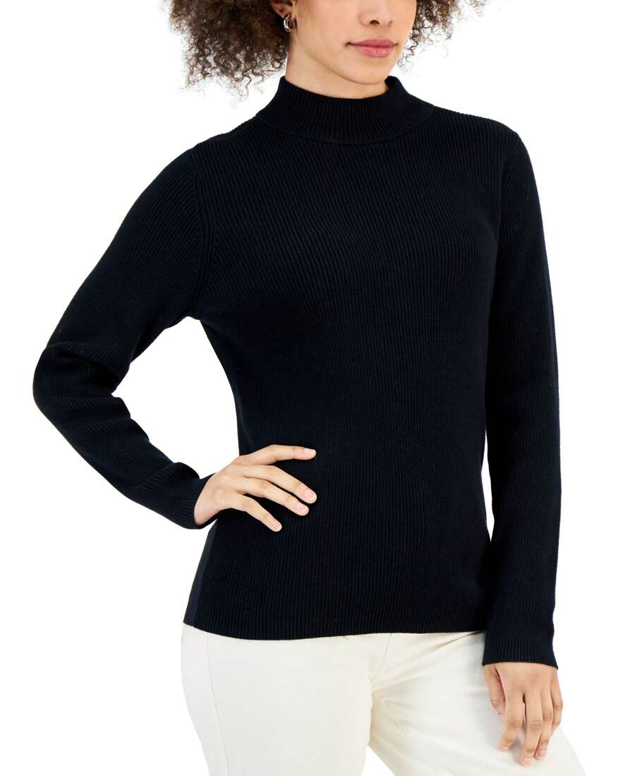 Petite Ribbed Mock-Neck Sweater - Black - View 1