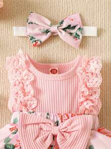 Mono de retazos para bebé niña, con estampado de flores, encaje, sin mangas, cuello redondo, lazo frontal y diadema - Rosa brillante - Ver 4