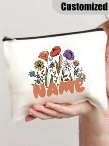 [Custom Made] Polyester Flower Design Cosmetic Bag For Women - Waterproof, Large Capacity,Personalized Name,Unscented, Portable Zip Makeup Pouch, Travel Essential, Gift For Flower Lovers - Exclusive Gift