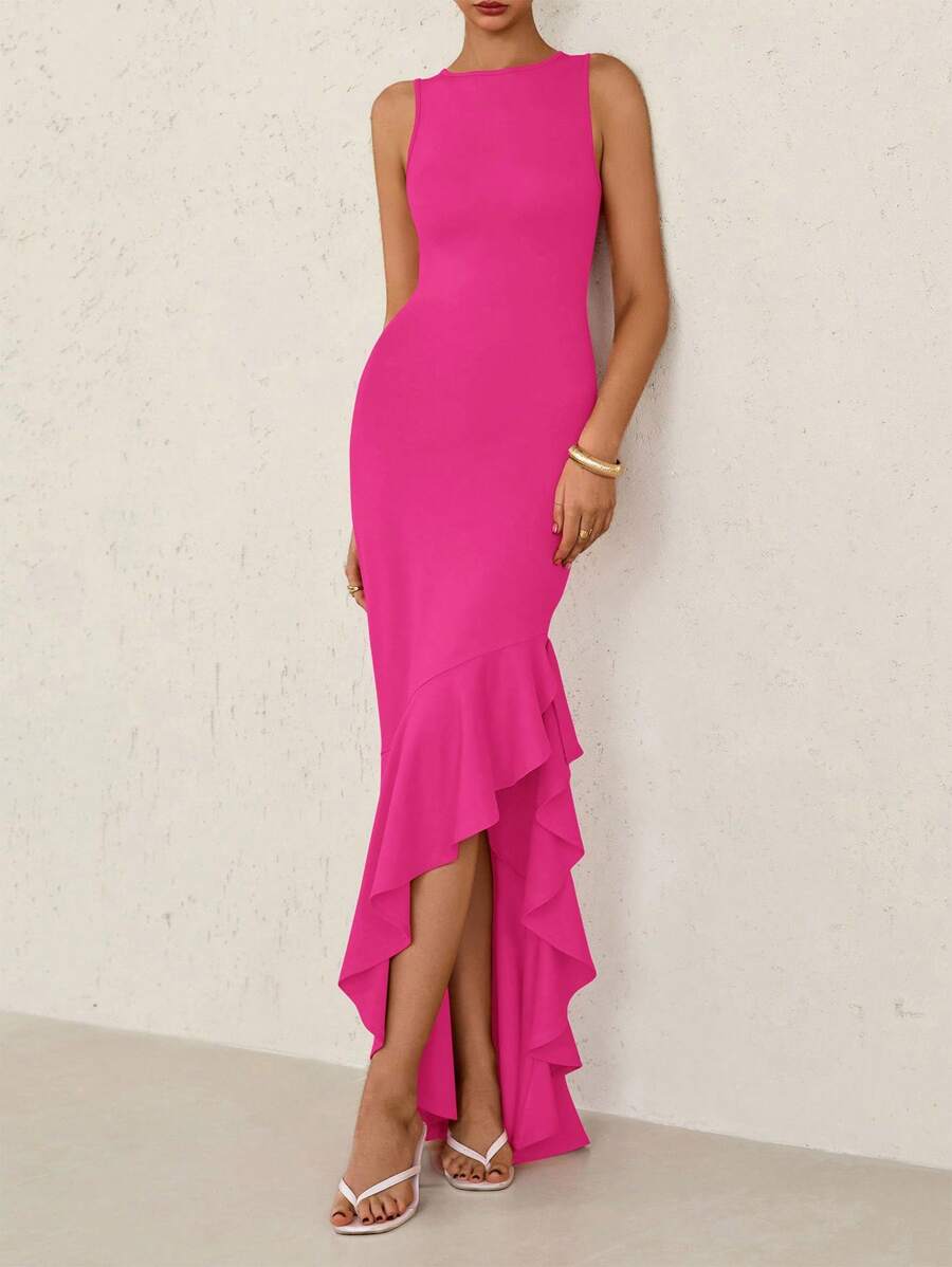 Women's Summer Elegant Slim Dress Sleeveless Peplum Mermaid Cocktail Wedding Guest Formal Dress - Màu Hồng Tươi - Xem 1