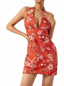 Women Close-Fitting Dress, Floral Printed Pattern Sleeveless Halter Neck One-Piece, Orange/ Navy - Orange - View 3