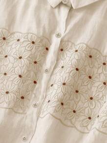 Women's Loose Fit Embroidered Semi-Sheer Viscose Short Sleeve Blouse, Spring/Summer - Apricot - View 9