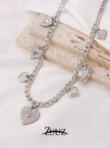 1 pieza Collar con colgante de corazón de acero inoxidable de moda y vintage para mujer, collar gargantilla con múltiples colgantes de corazón, regalo ideal para mejores amigas