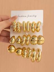 6-18 Peças/Conjunto Conjunto de Jóias de Brinco Dourado Leve e Elegante, Adequado para Uso Diário Durante Todo o Ano