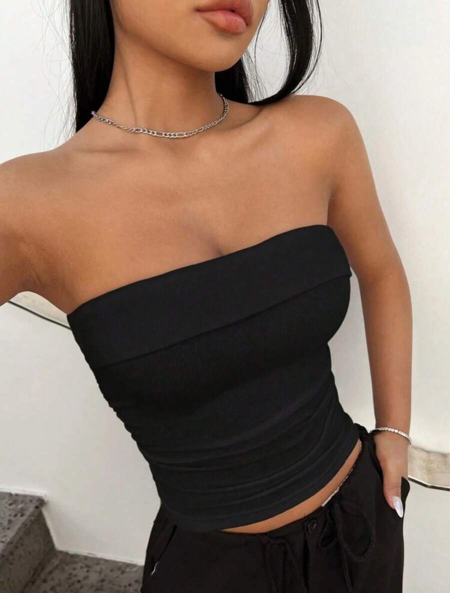 Women's Summer Look Strapless Ribbed Cropped Top - Black - View 1
