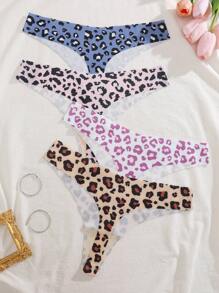 4pcs Leopard Print Comfortable & Sexy Thong Panties For Women