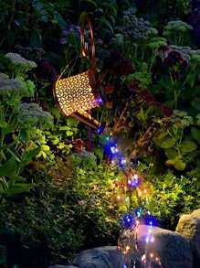 2pcs/1pc Solar Powered Garden Watering Can With String Lights, Vintage Metal Watering Can Design, Large Hanging Solar Waterfall Lights, Waterproof Decorative Lights, Suitable For Outdoor Garden Decor, Perfect For Pathways, Lawns, Yards And Patios. - Multicolor - View 8