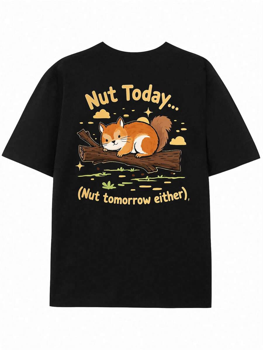A Women's Casual Short Sleeved Top With A Squirrel Print Pattern And The Text "Nut Today... (Nut Tomorrow Either)" In Dark, Fashionable, And Casual Colors