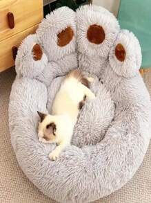 1pc Bear Paw Plush Pet Mat Plush Bear Paw Pet Bed - Polyester PP Cotton Filling, Machine Washable Easy Care, Non-Slip Design, Soothing Anxiety Warm Soothing Donut Bed Bear Paw Shape Pet Bed - Super Soft Cat & Dog Soothing Bed, Suitable For All Seasons, Super Soft Plush Bear Paw Shape, Perfect Choice For All Kinds Of Pets - Xám - Xem 8