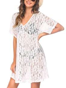 Female Beach Dress, Solid Color V-Neck Short Sleeve Bikini Covers See-Through Dress for Summer, Black/Red/White - Blanco - Ver 1