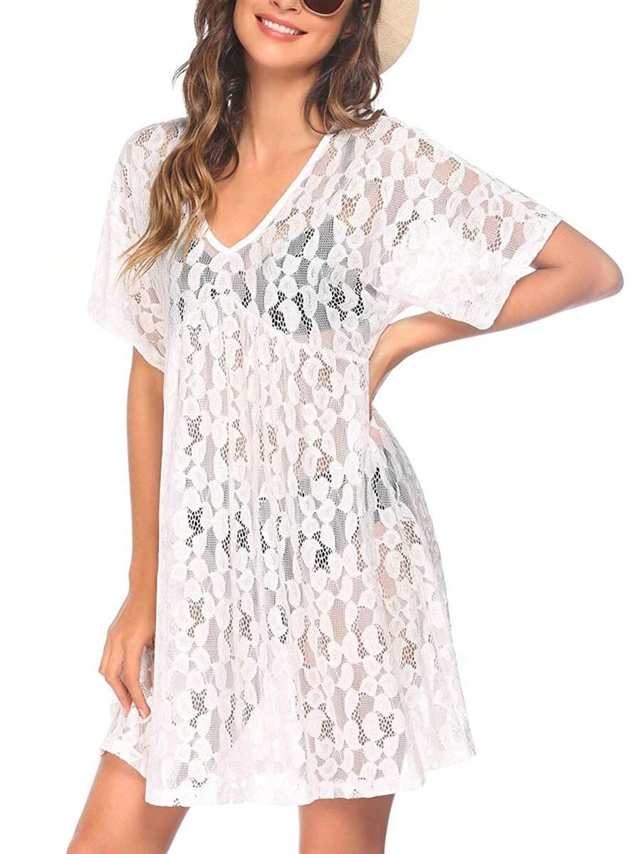 Female Beach Dress, Solid Color V-Neck Short Sleeve Bikini Covers See-Through Dress for Summer, Black/Red/White - Blanco - Ver 1