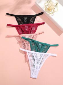 5pcs Plus Size Women's Multi-Color Floral Lace Comfortable Drawstring Low Waist Sexy Lace Thong - Multicolor - View 2