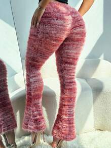 Knitted Striped Print Fleece Leggings, Suitable For Autumn/Winter - 酒紅色 - 查看 4