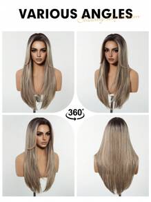 26 Inch Long Straight Hairline U-Part Lace Front Synthetic Wig For Women Brown Mixed White Natural Middle Part Wig Blonde Highlight Wigs - Brown Highlight - View 8