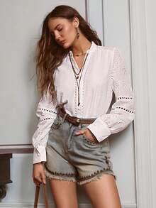 Simplee Women's Spring/Summer New Embroidered Palm Tree Collar Long Sleeve Shirt, Suitable For Commuting And Vacation Wear - White - View 5