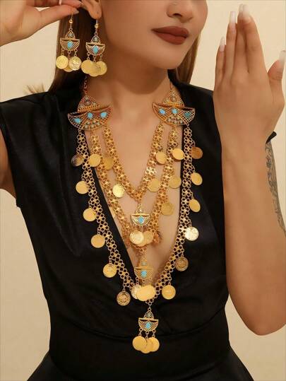 Fashionable Vintage Gold-Plated Coin Necklace Earrings, Set With Precious Stones Multi-Layered Tassel Coin Jewelry Set, Suitable For Women's Holiday Gatherings, Wedding Jewelry