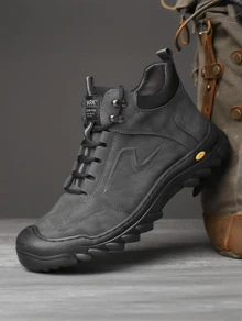 [Fast Arrival] Men's Outdoor Hiking Boots, Casual Mid Top Lace Up Shoes, Hiking Shoes For Men, Wear-Resistant And Non Slip Rubber Sole, Synthetic Faux Leather Outer Layer And Inner Lining, Suitable For Daily Wear All Year Round - Xám - Xem 1