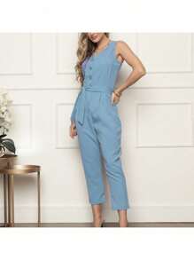 Women's Long Linen Jumpsuit With V-Neckline, Tie At The Waist And Buttons - Elegance And Comfort - 薄荷藍 - 查看 6