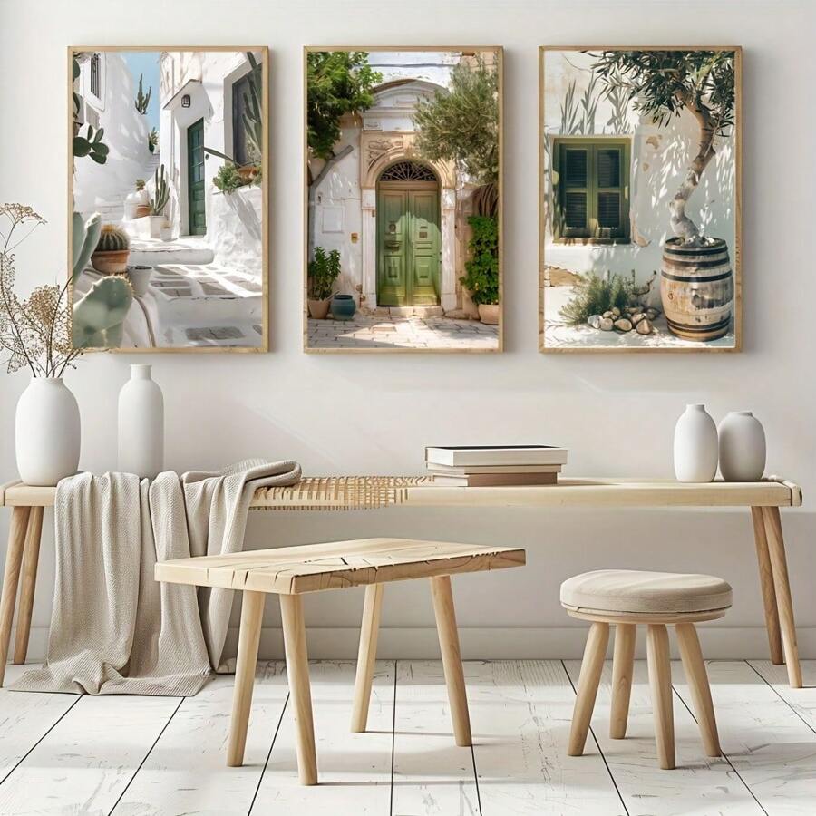 Bộ 3 tranh in canvas kiến trúc Địa Trung Hải - Tranh sơn dầu hiện đại theo phong cách nghệ thuật treo tường cho phòng khách, phòng ngủ, nhà bếp - Quà tặng trang trí mùa thu hoàn hảo Tranh trang trí trong phòng khách, phòng ngủ, phòng ăn Khung tùy chọn Áp phích hiện đại, Nghệ thuật treo tường, Tranh canvas