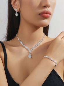 4pcs/Set Minimalist Elegant Floral Drop Pendant Necklace, Earrings, Bracelet Jewelry Set, Rhinestones Bridal Wedding Dress Accessories, Party, Valentine's Day Gifts For Her,Mom,Mother,Mother's Day,Gift