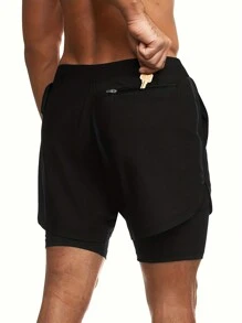 2-In-1 Double Layer Shorts With Zipper Pockets, Men High Elastic Sports Shorts For Gym Fitness Training, Summer