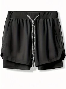 2-In-1 Double Layer Shorts With Zipper Pockets, Men High Elastic Sports Shorts For Gym Fitness Training, Summer