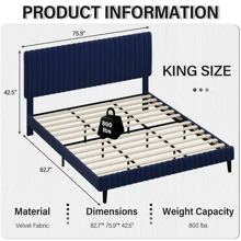 Queen Bed Frame, Upholstered Bed Frame, Velvet Upholstered Bed Frame With Headboard And Footboard, Vertical Channel Tufted Headboard, White/ Black/ Pink/ Green/ Blue, Twin/ Full/ Queen/ King - 藍色 - 查看 11