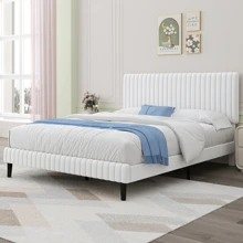 Queen Bed Frame, Upholstered Bed Frame With Headboard And Footboard, Vertical Channel Tufted Headboard, White/ Black/ Pink/ Green/ Blue, Twin/ Full/ Queen/ King - trắng - Xem 7