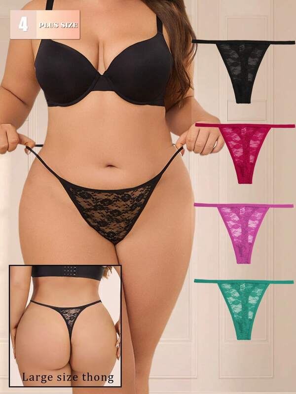 FINETOO 4 pièces/set Femme grande taille Culottes string en dentelle sexy transparente à taille basse