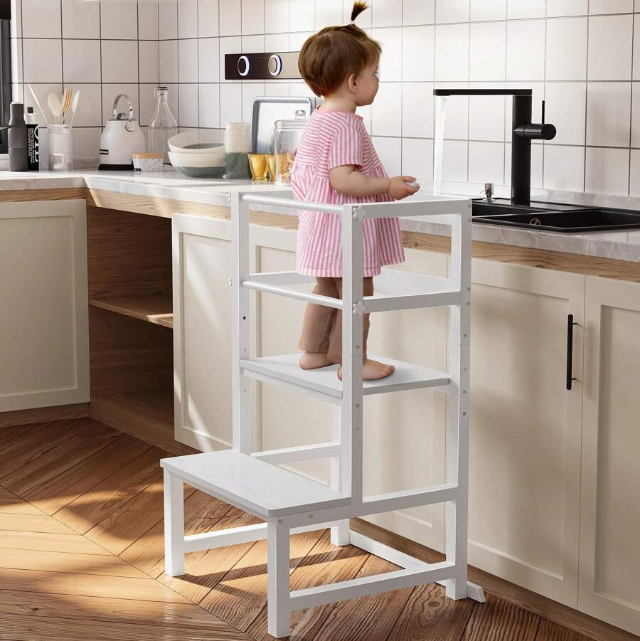 INNOD Toddler Kitchen Step Stool, Adjustable Height Learning Tower With Rail, Steel & Wood Kitchen Stool For Kids, Toddler Helper Stool For Kitchen, Non-Slip Toddler Tower - 白色 - 查看 1