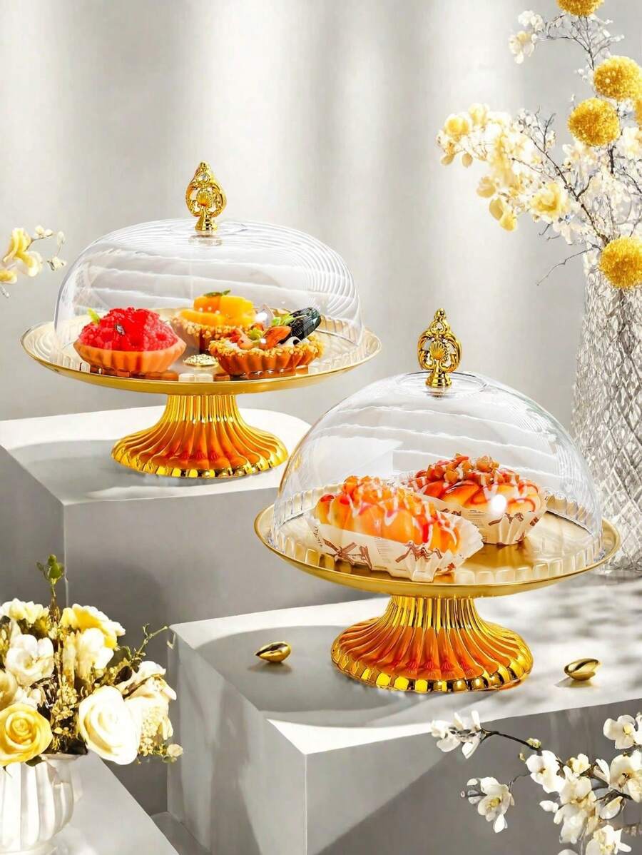 1 套，不锈钢蛋糕架，带可拆卸防尘罩，食品安全塑料甜点盘保护器，适合室内和室外使用，生日、婚礼、斋月装饰 - 彩色 - 查看 1