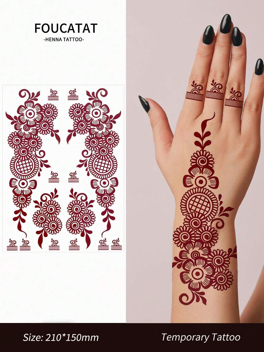 1 张花朵临时纹身贴纸，适用于女性手部、手指和身体艺术，栗色指甲花纹身贴纸，适合斋月，防水花朵假纹身，适合婚礼、派对和节日 - 彩色 - 查看 1