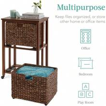 Vertical Rolling File Cabinet, Multipurpose Portable Water Hyacinth Basket Organizer For Home Office, Workspace W/Rubberwood Frame, Metal Sliders, Locking Caster Wheels - Mocha - Mocha - View 5