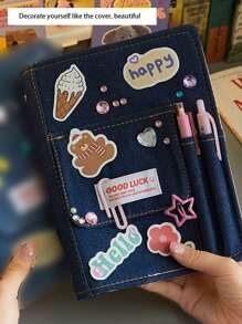 1 件装海军蓝牛仔布 Y2K 风格布面日记本，适合女孩的美学复古美式布面纹理素描本 - 彩色 - 查看 5