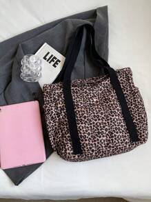 Fashionable Versatile Solid Color New Style Tote Bag, Casual Minimalist Contrast Color Shoulder Bag - Khaki - View 5