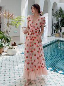 Vestido de mujer de manga burbuja en V profunda fresa, vestido de corbata, Seaside, Holiday - Rosa - Ver 7