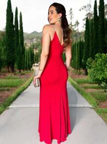 Vestido longo de festa com bojo forrado elasticidade alças em strass reluzente corteregara fenda frontal malha fluite caimento fluido e elegante tamanho unico veste 36 ao 42 - Vermelho - Visão 2