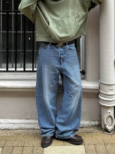 Amerikanische Vintage Verwaschen Hellblau Loose Fit, Weite Bein Lässig Jeans für Herren