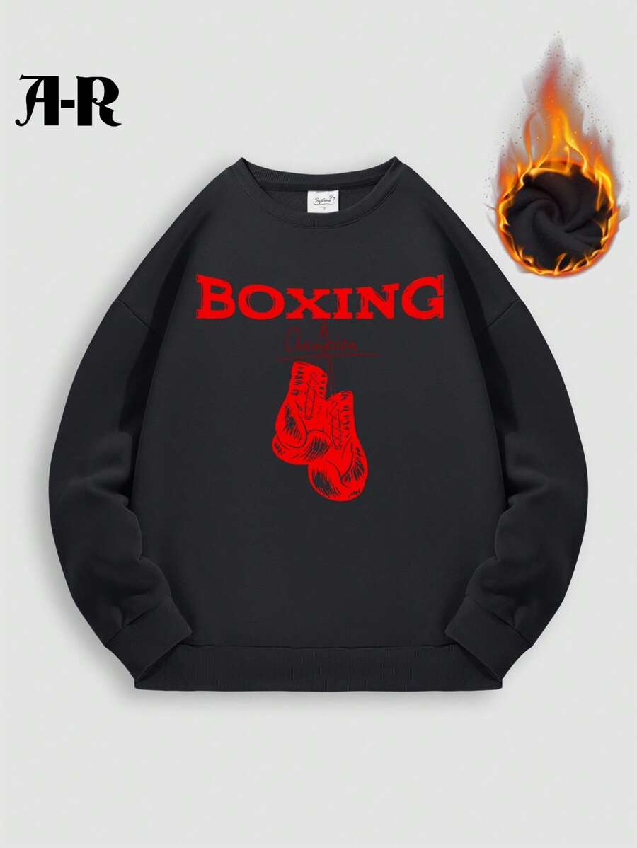 Personnalité  fanatique thème de boxe slogan imprimé sweat-shirt pour homme en coton noir haut automne et hiver décontracté polyvalent doublure chaude col rond sweat surdimensionné sweat-shirt ample décontracté pour sortir haut polyvalent style sport de rue manches longues adapté aux vêtements par temps froid polaire pour homme confortable à manches longues