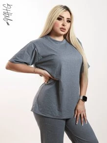 Conjunto de 2 Piezas Oversize Unicolor para Dama Mujer Amplio y Holgado de Blusa de Cuello Redondo Unicolor con Manga Corta y Hombros Caídos Cómoda y Pantalón Oversize Holgado Unicolor Sin Bolsillos Moda Otoño Primavera y Verano Estilo Casual y Versatil para Todo Tipo de Ocasion - Gris - Ver 3